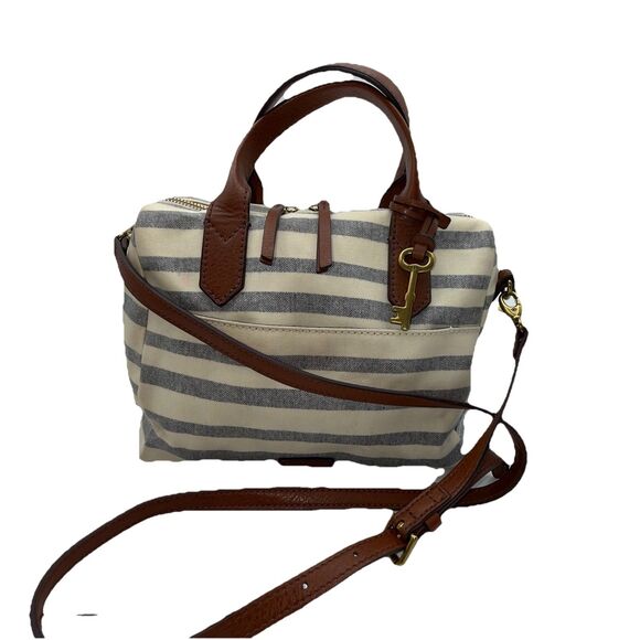 FOSSIL Coated Canvas Striped Fiona satchel Crossbody Shoulder Bag Blue/Off White - Picture 16 of 16